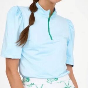 Byrdie Golf Blue Half-Zip Puff Sleeve Top with Green Trim